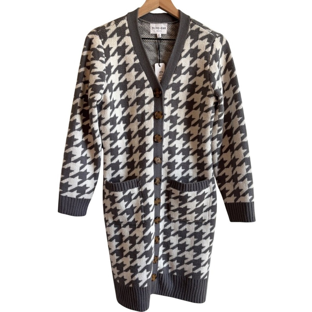 NEW Olive & Oak Gray Cream Houndstooth Mid-Length Cardigan Large Petite Consign